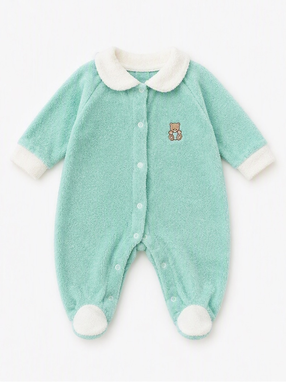 70s Vintage Terrycloth Embroidered Teddy Bear Mint Green Baby Sleeper NB 11LBS